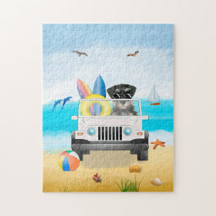 schnauzer dog Driving on Beach  Jigsaw Puzzle