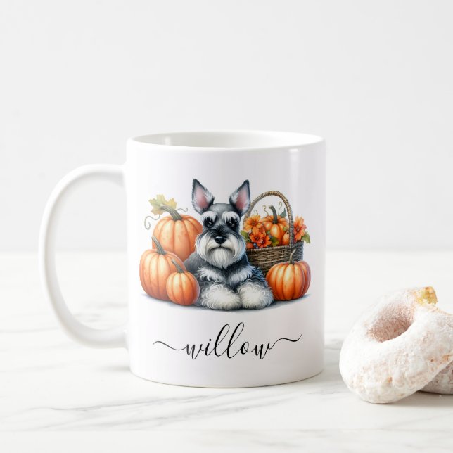 Schnauzer Dog Fall Mug with Personalised Name (With Donut)