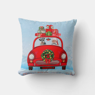 schnauzer Dog In Car With Santa Claus Cushion