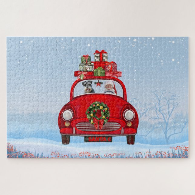schnauzer Dog In Car With Santa Claus Jigsaw Puzzle (Horizontal)