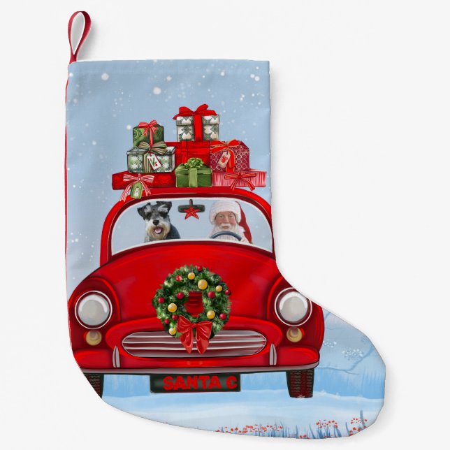 schnauzer Dog In Car With Santa Claus Small Christmas Stocking (Front)
