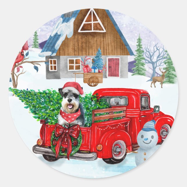 Schnauzer Dog In Christmas Delivery Truck Snow Classic Round Sticker (Front)