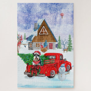 Schnauzer Dog In Christmas Delivery Truck Snow Jigsaw Puzzle
