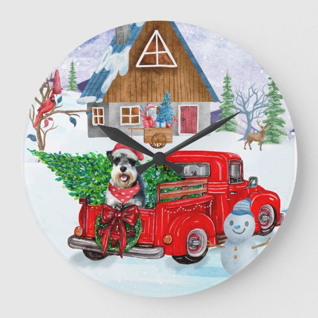 Schnauzer Dog In Christmas Delivery Truck Snow  Large Clock (Front)