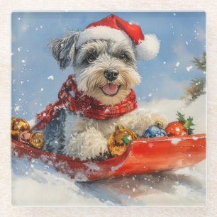 Schnauzer Dog in Sledge Let it Snow Christmas Glass Coaster