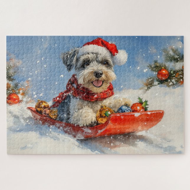 Schnauzer Dog in Sledge Let it Snow Christmas Jigsaw Puzzle (Horizontal)
