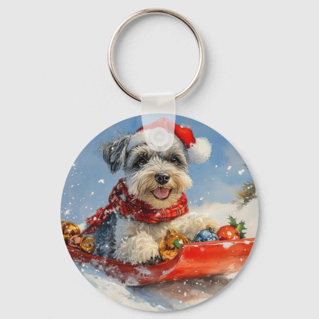 Schnauzer Dog in Sledge Let it Snow Christmas Key Ring (Front)