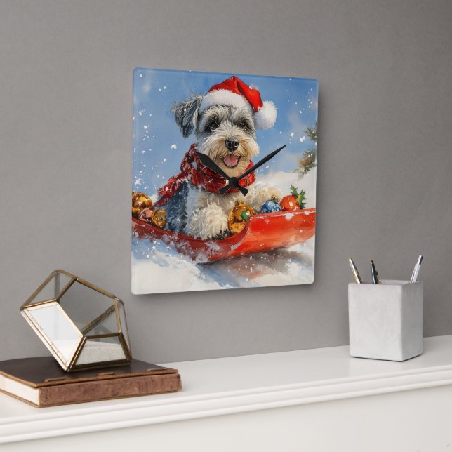Schnauzer Dog in Sledge Let it Snow Christmas Square Wall Clock (Office)