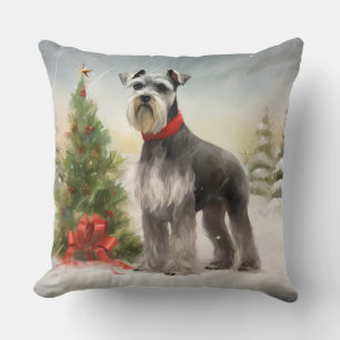 Schnauzer Dog in Snow Christmas Cushion
