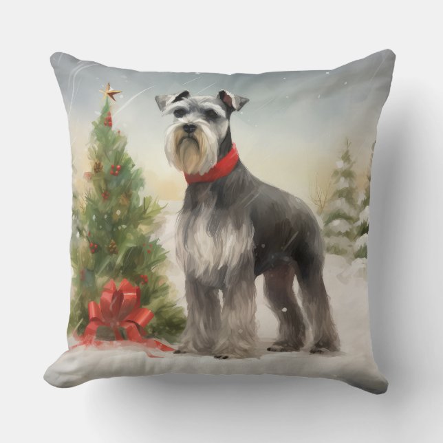 Schnauzer Dog in Snow Christmas Cushion (Front)