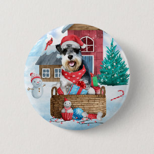 Schnauzer Dog In snow Christmas Dog House 6 Cm Round Badge
