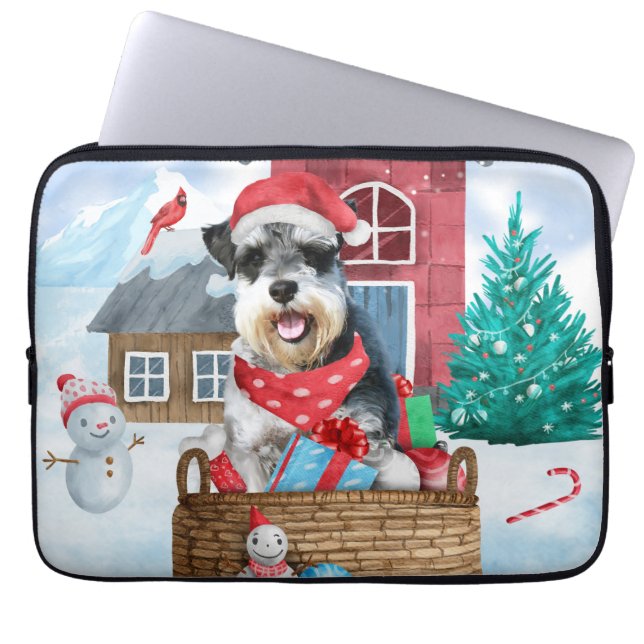 Schnauzer Dog In snow Christmas Dog House Laptop Sleeve (Front)