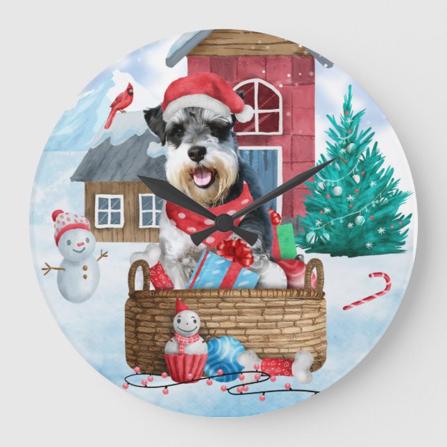 Schnauzer Dog In snow Christmas Dog House Large Clock (Front)