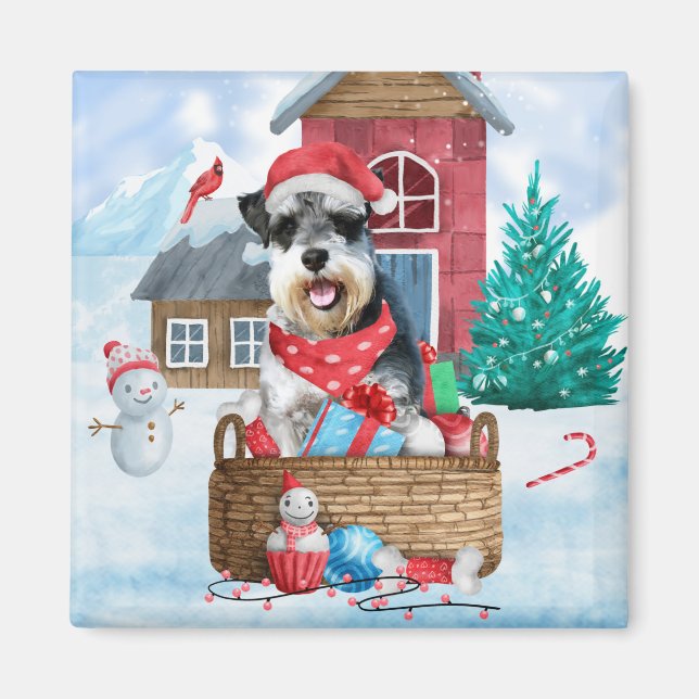 Schnauzer Dog In snow Christmas Dog House Magnet (Front)