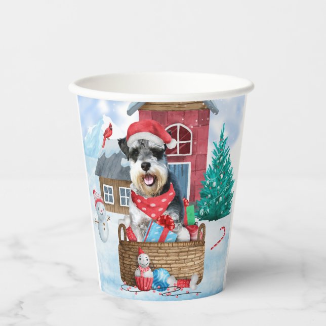 Schnauzer Dog In snow Christmas Dog House Paper Cups (Front)