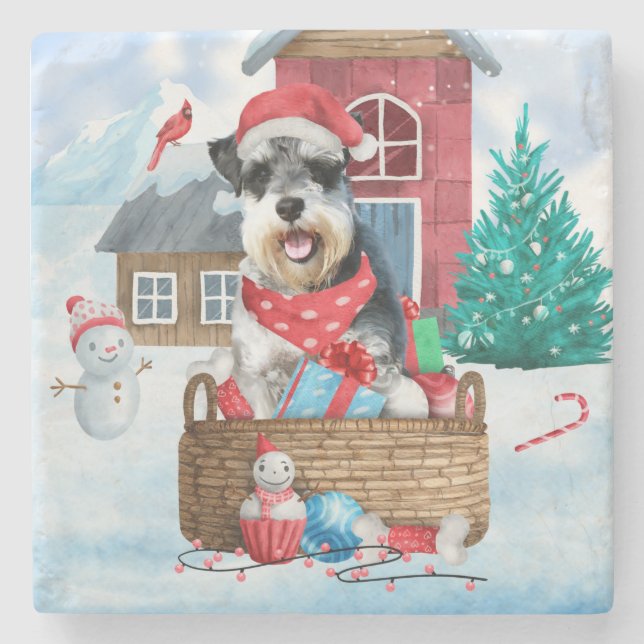 Schnauzer Dog In snow Christmas Dog House Stone Coaster (Front)