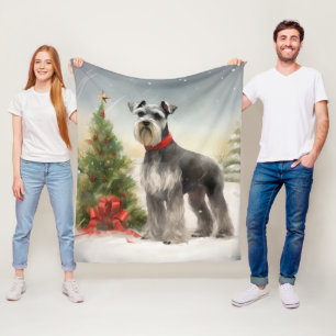 Schnauzer Dog in Snow Christmas Fleece Blanket