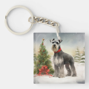 Schnauzer Dog in Snow Christmas Key Ring