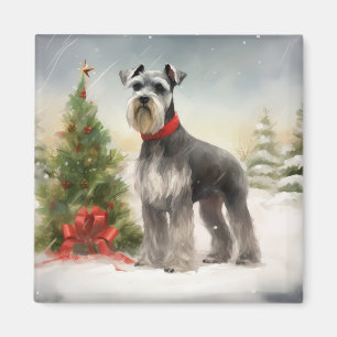 Schnauzer Dog in Snow Christmas Magnet