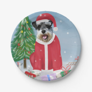 Schnauzer Dog in Snow Christmas  Paper Plate