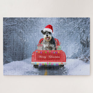 Schnauzer Dog in Snow sitting in Christmas Truck Jigsaw Puzzle