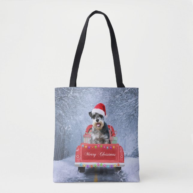  Schnauzer Dog in Snow sitting in Christmas Truck  Tote Bag (Front)
