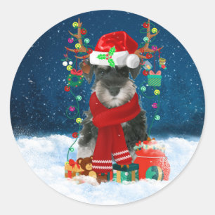 Schnauzer Dog in Snow with Christmas Gifts Classic Round Sticker