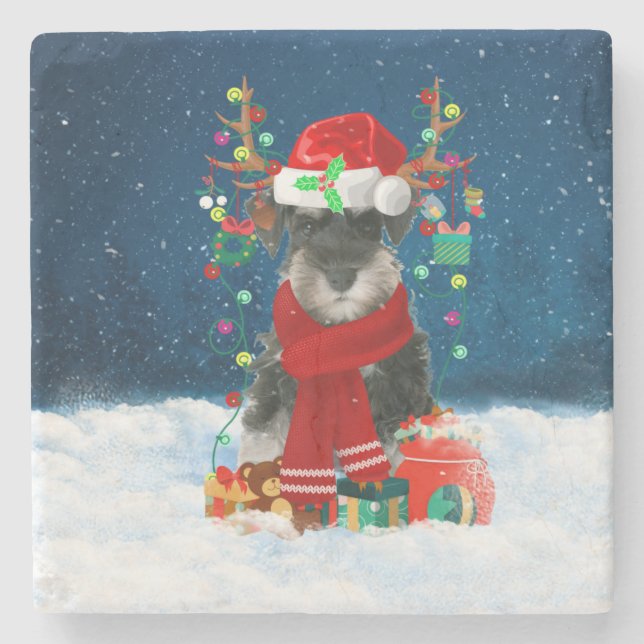 Schnauzer Dog in Snow with Christmas Gifts  Stone Coaster (Front)