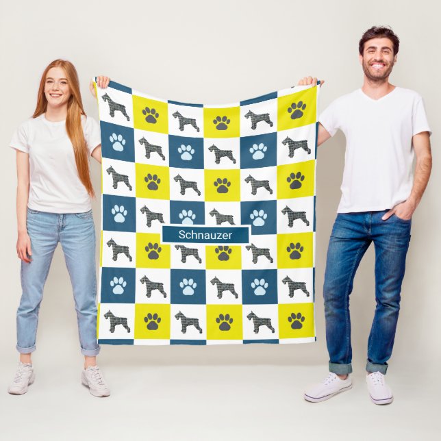 Schnauzer Dog & Paw Print Yellow Grid Silhouette Fleece Blanket (In Situ)