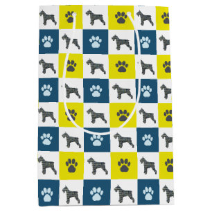 Schnauzer Dog & Paw Print Yellow Grid Silhouette Medium Gift Bag