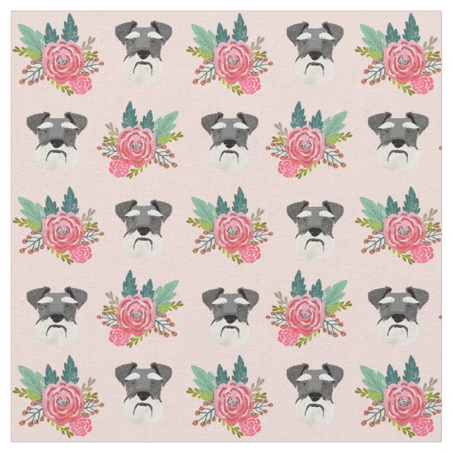 Schnauzer dog pink florals fabric (Close Up)