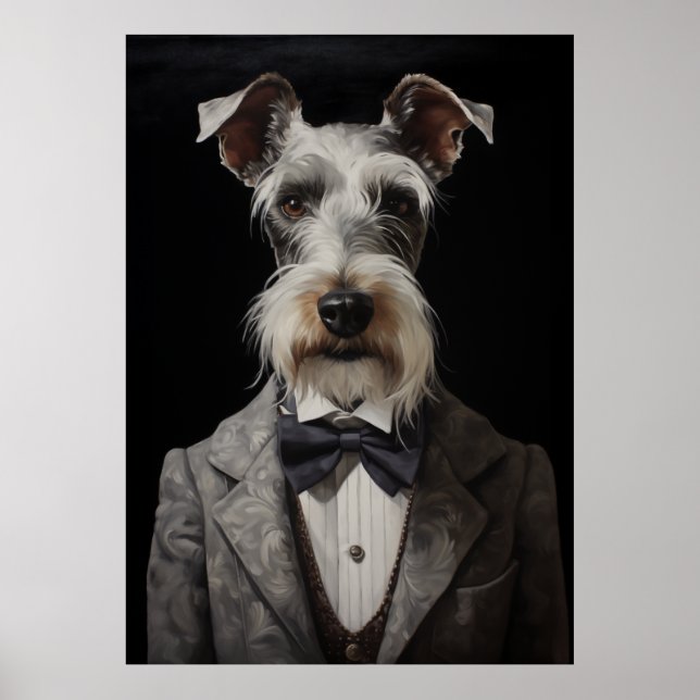 Schnauzer Dog Portrait Grey Suit Bow Tie Poster (Front)
