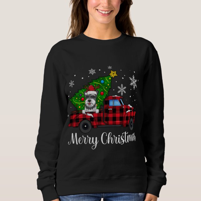Schnauzer Dog Riding Red Truck Cute Merry Christma Sweatshirt (Front)