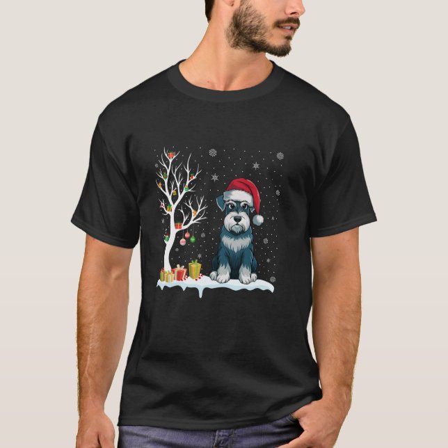 Schnauzer Dog Santa Hat Festive Tree Light Christm T-Shirt (Front)