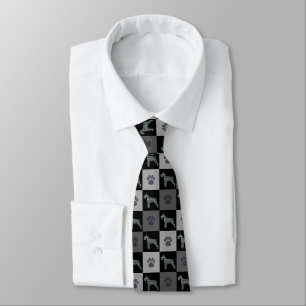 Schnauzer Dog Silhouette Black Grey Paw Squares Tie