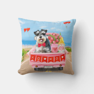 Schnauzer Dog Valentine's Day Truck Hearts  Cushion