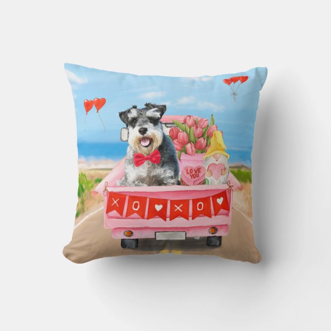 Schnauzer Dog Valentine's Day Truck Hearts  Cushion (Front)