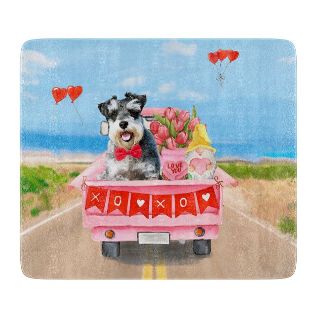 Schnauzer Dog Valentine's Day Truck Hearts Cutting Board (Front)