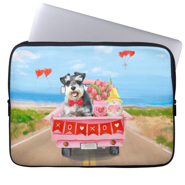 Schnauzer Dog Valentine's Day Truck Hearts Laptop Sleeve (Front)