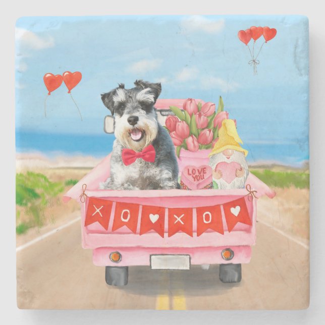 Schnauzer Dog Valentine's Day Truck Hearts Stone Coaster (Front)