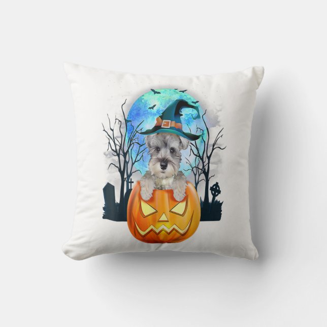 Schnauzer Dog Witch Hat Halloween Pumpkin Gift Cushion (Front)