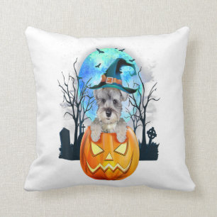 Schnauzer Dog Witch Hat Halloween Pumpkin Gift Cushion