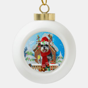 Schnauzer dog with Christmas gifts Ceramic Ball Christmas Ornament