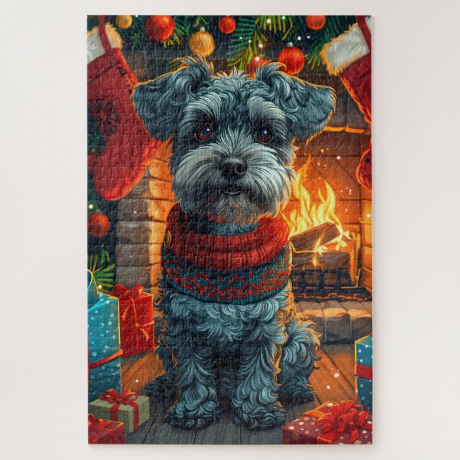 Schnauzer Dog With Christmas Gifts Fireplace Jigsaw Puzzle (Vertical)