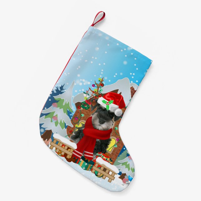 Schnauzer dog with Christmas gifts Small Christmas Stocking (Front (Hanging))