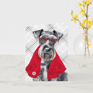 Schnauzer Dog with Grey Plaid Monogrammed Card