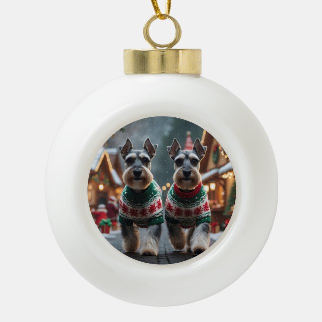 Schnauzer Dogs Christmas Snow Holiday  Ceramic Ball Christmas Ornament (Front)