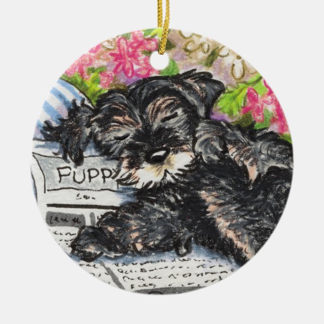 Schnauzer Dreams Print Ceramic Tree Decoration (Front)