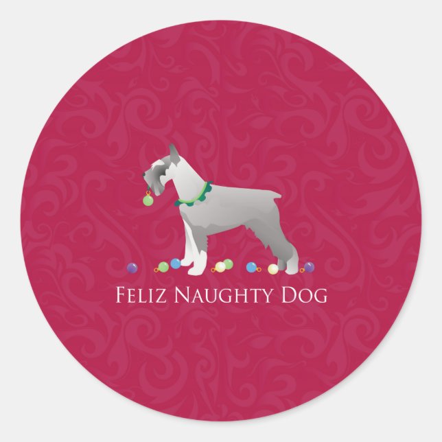 Schnauzer Feliz Naughty Dog Christmas Design Classic Round Sticker (Front)