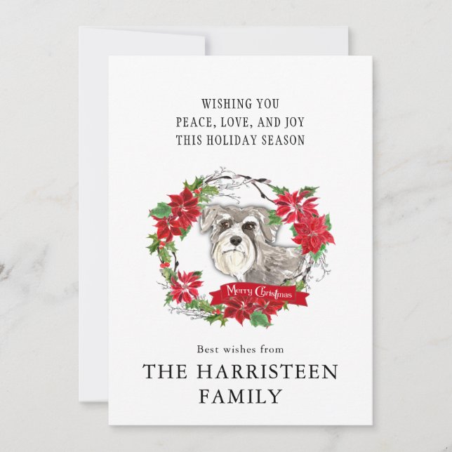 Schnauzer grey Watercolor Poinsettia Christmas Holiday Card (Front)